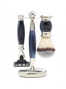 Set afeitado Edwardian Azul Brocha Tejón Sintética, Maquinilla Fusion & Soporte Truefitt & Hill