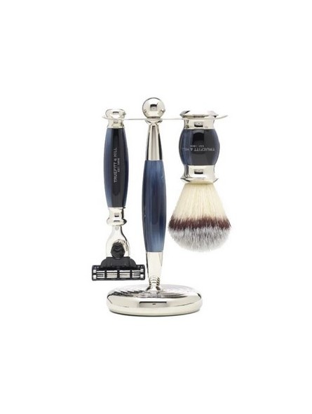 Set afeitado Edwardian Azul Brocha Tejón Sintética, Maquinilla Fusion & Soporte Truefitt & Hill
