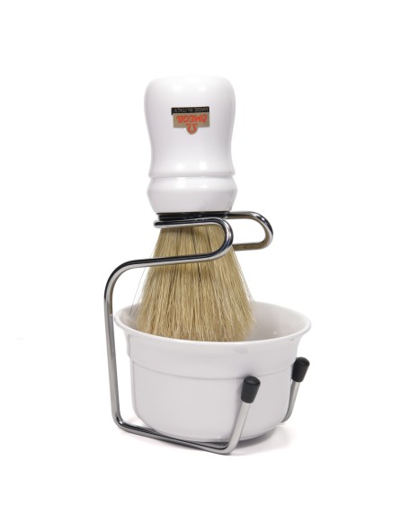 Omega Shaving Boar Brush White Handle & Shaving Bowl & Shaving Brush Stand