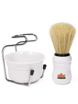 Brocha Afeitar Cerda Mango Blanco & Bol & Stand Omega