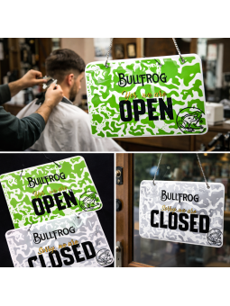 Cartel Abierto Cerrado para Barbería Bullfrog