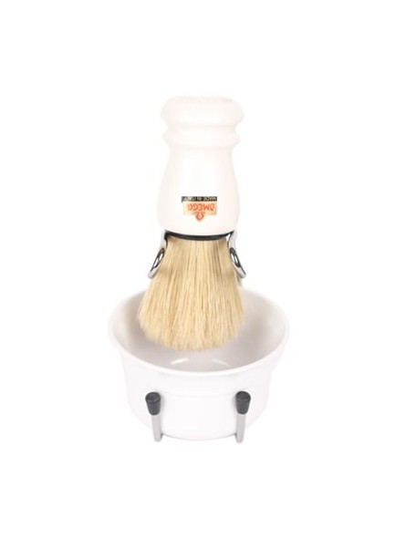Omega Synthetic Fiber White Handle Shaving Brush & Shaving Bowl & Shaving Brush Stand